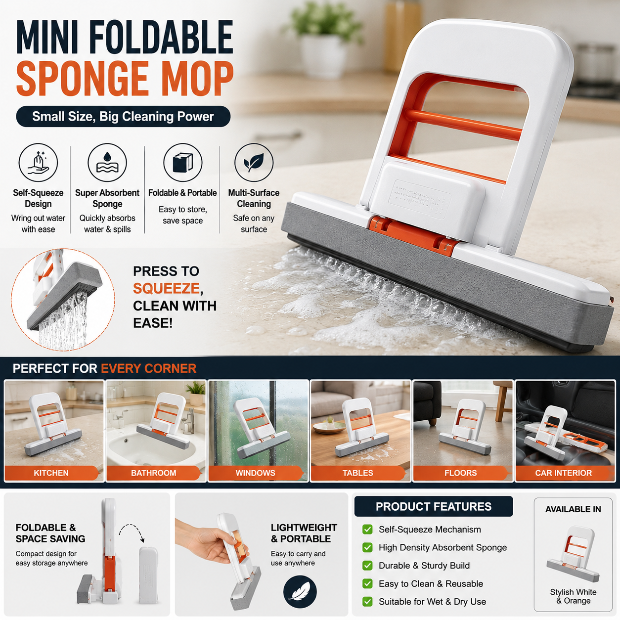 Mini Foldable Sponge Mop for Kitchen | Self-Squeeze Cleaning Mop | COD Available