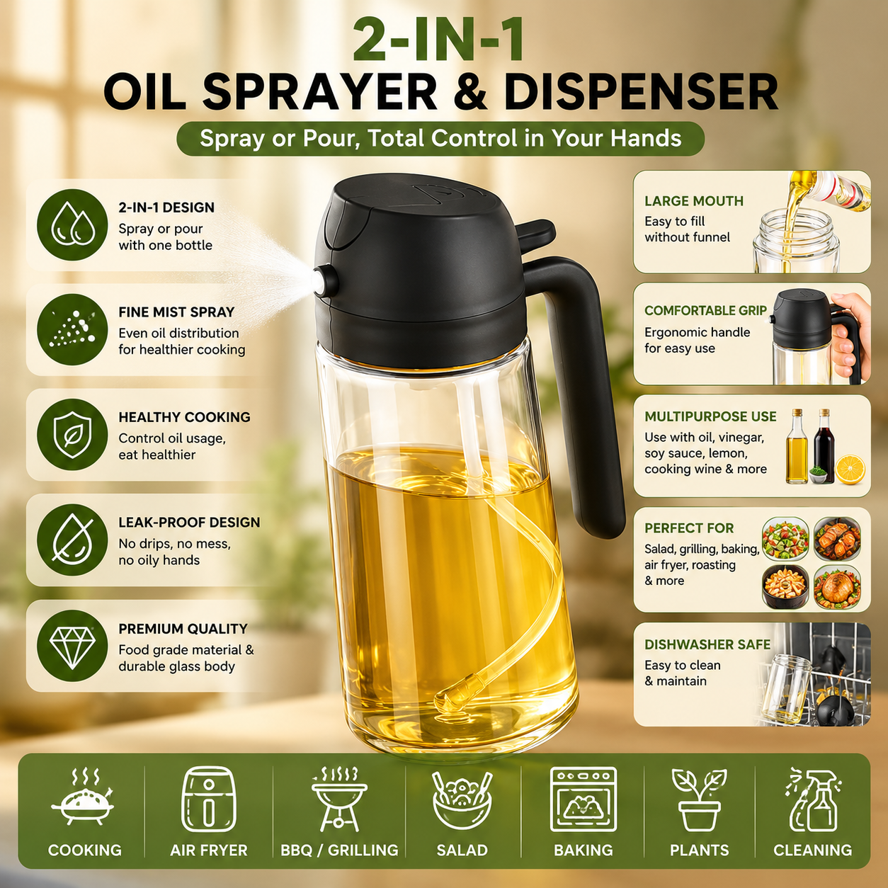 2-in-1 Oil Spray Bottle – Cook Healthier, Waste Less!