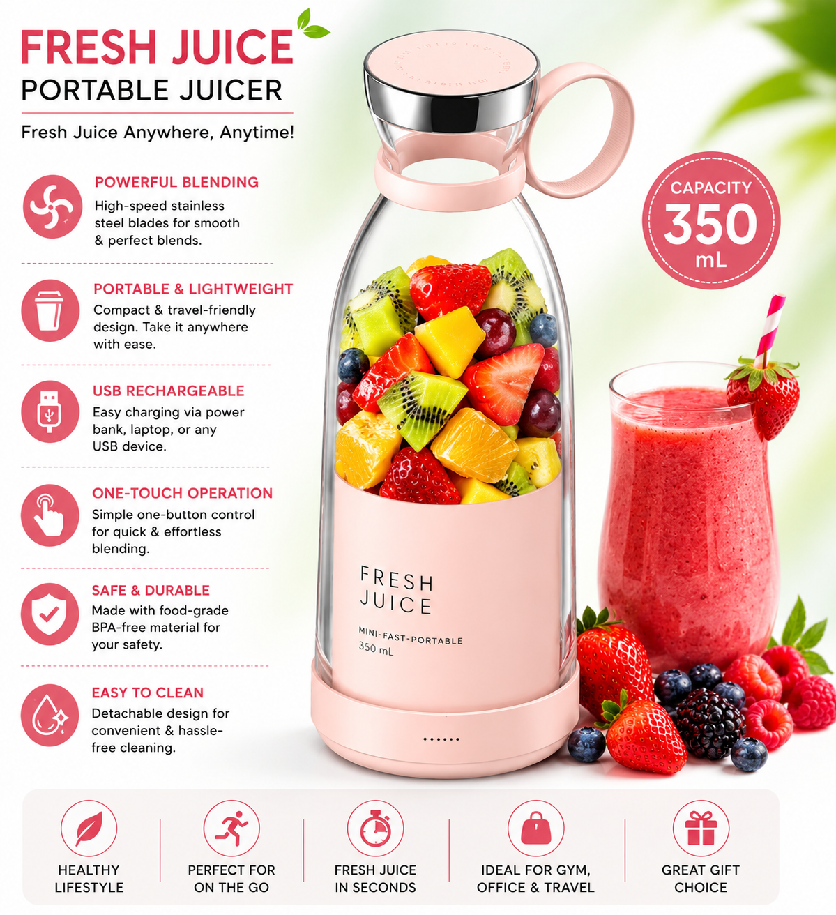Pink portable juicer with fruits and a glass of juice, featuring product details on a white background.