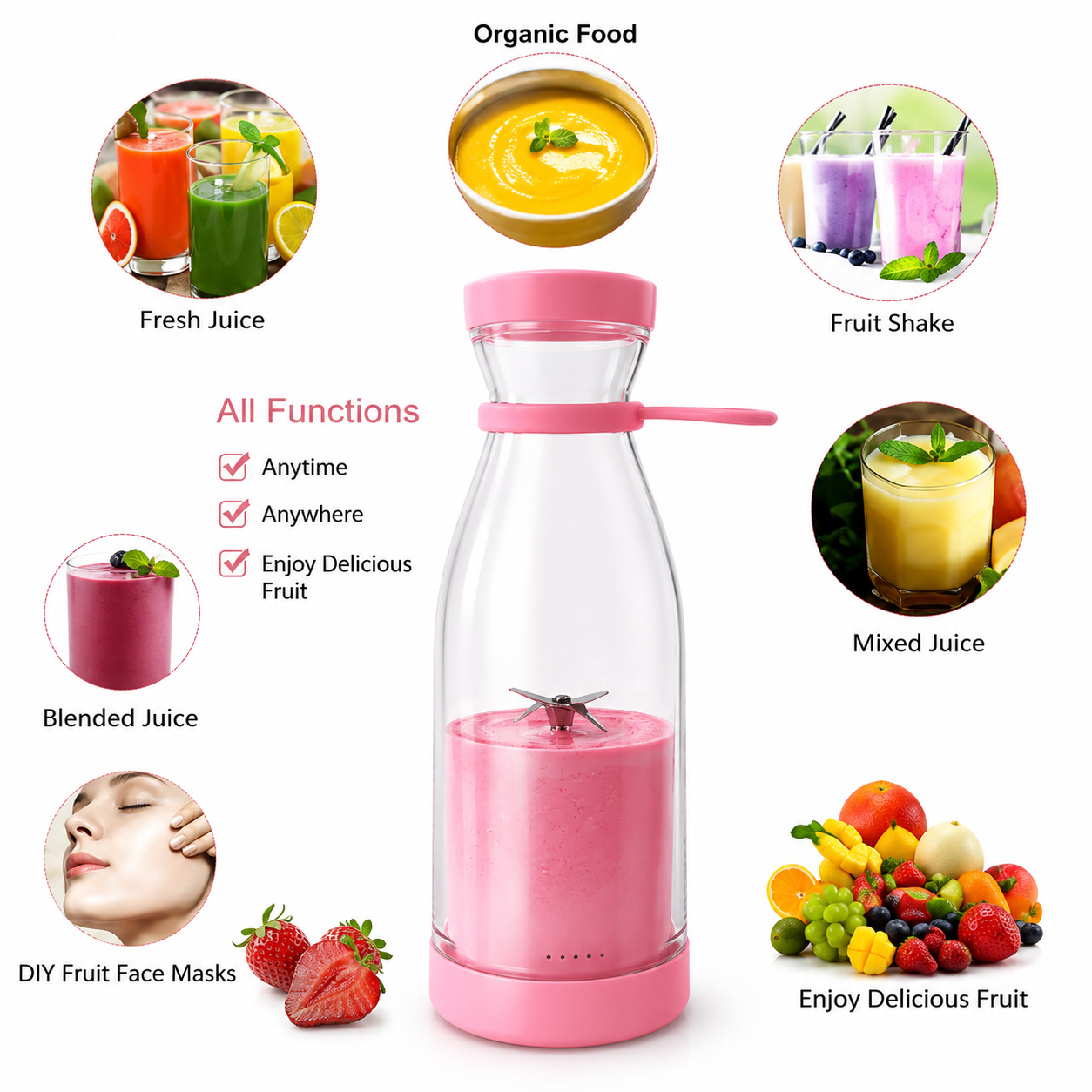 Pink fruit juice blender with fruits inside, surrounded by images of juice and ingredients.