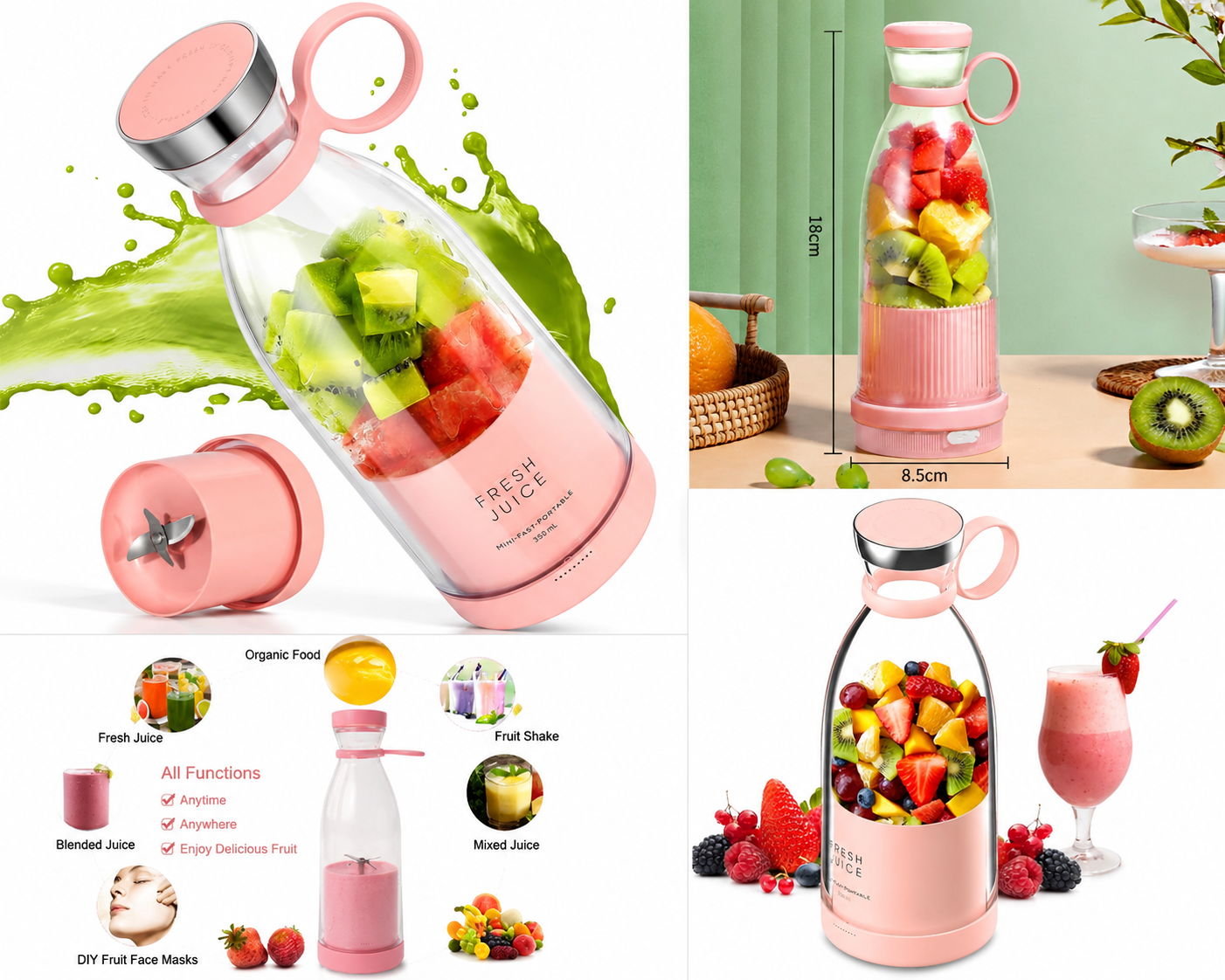 Pink fruit juice blender with fruits inside, surrounded by images of juice and ingredients.