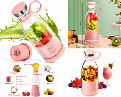 Pink fruit juice blender with fruits inside, surrounded by images of juice and ingredients.