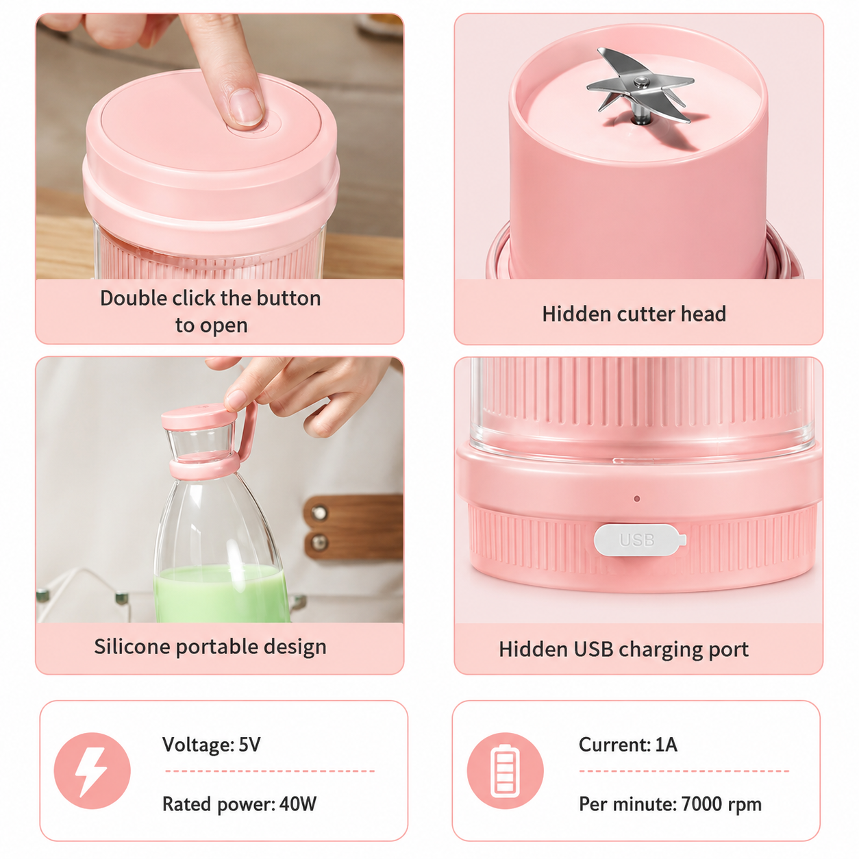 Pink fruit juice blender with fruits inside, surrounded by images of juice and ingredients.