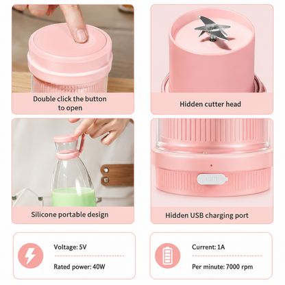 Pink fruit juice blender with fruits inside, surrounded by images of juice and ingredients.